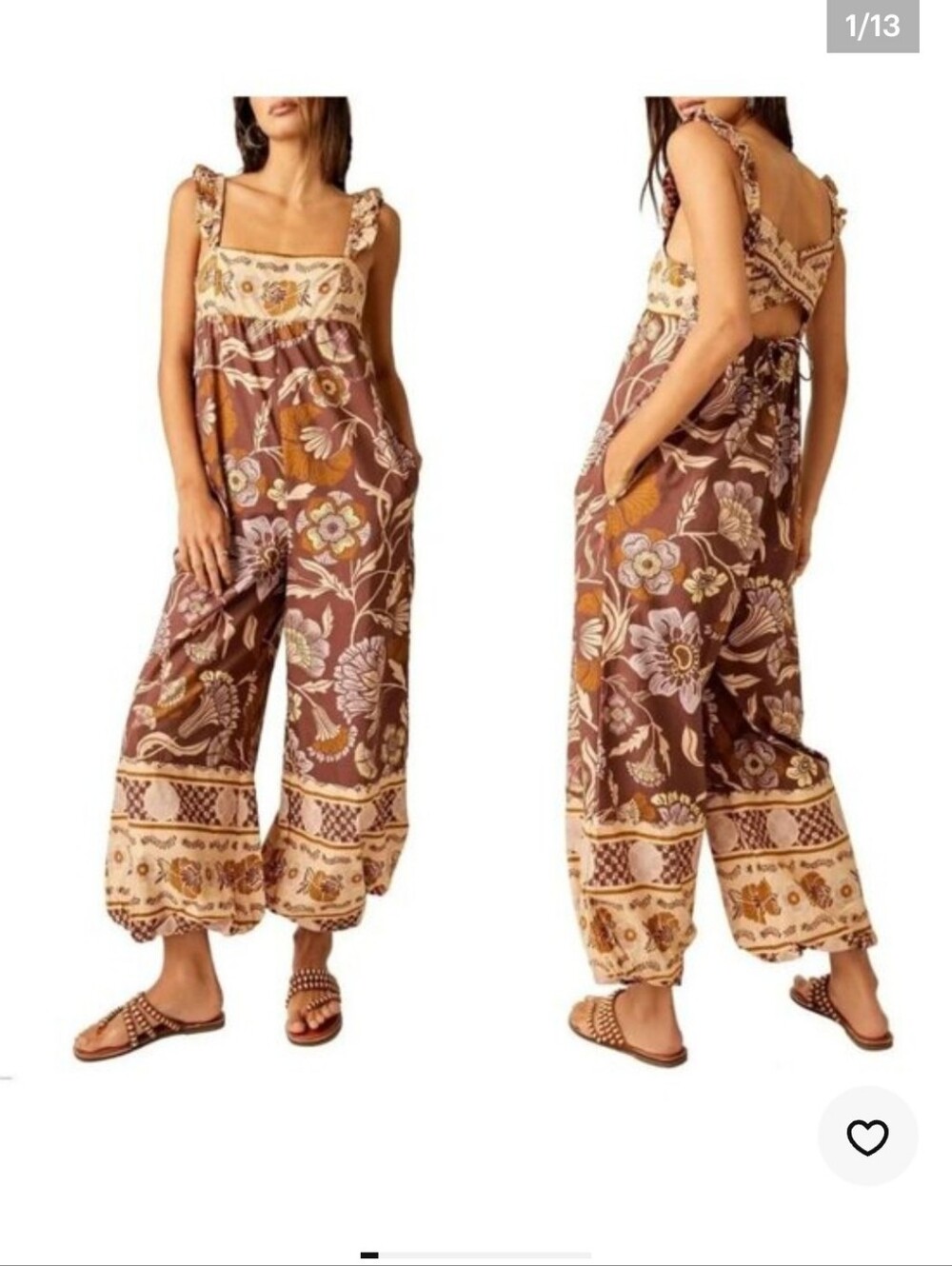 NEW Free People Albright Bali Jumpsuit Coffee Brown Floral Wide-Leg Size Medium